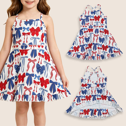 Baby Girls Sleeveless 4th of July Bows Yoga Shorts Knee Length Dress