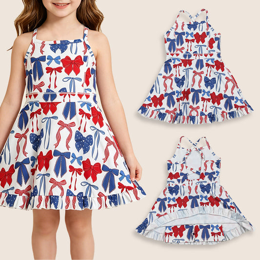 Baby Girls Sleeveless 4th of July Bows Yoga Shorts Knee Length Dress