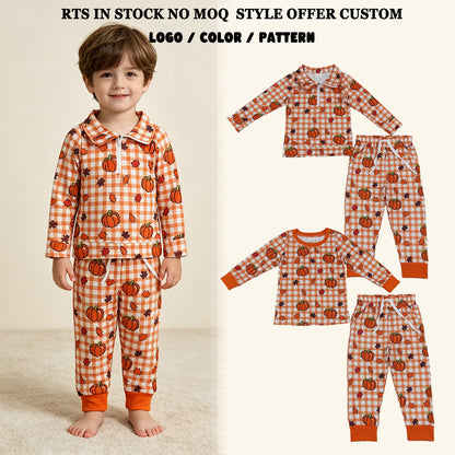 Sibling Baby Boys Kids Pumpkins Plaid Pullovers Shirts Pockets Pants Sets Fall Clothes