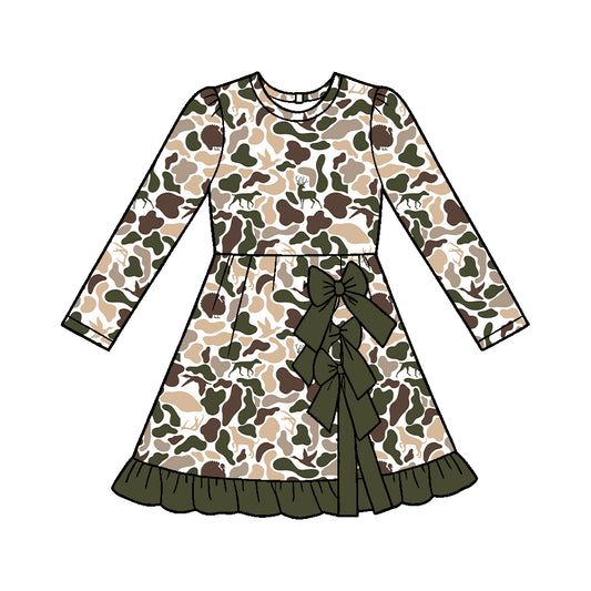 Moq 5 Custom Baby Girls Kids Long Sleeves Ducks Deer Dogs Bows Yoga Dress Camo Clothes