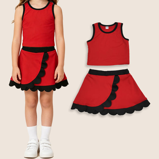 Baby Girls Kids Red Shirt Scallop Skirt Shorts Yoga Active Set Clothes