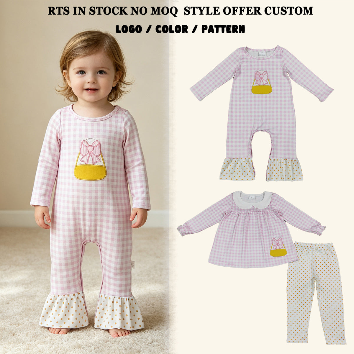 Sibling Baby Girls Kids Embroidery Halloween Bows Candy Pink Plaid Romper Set Halloween Clothes