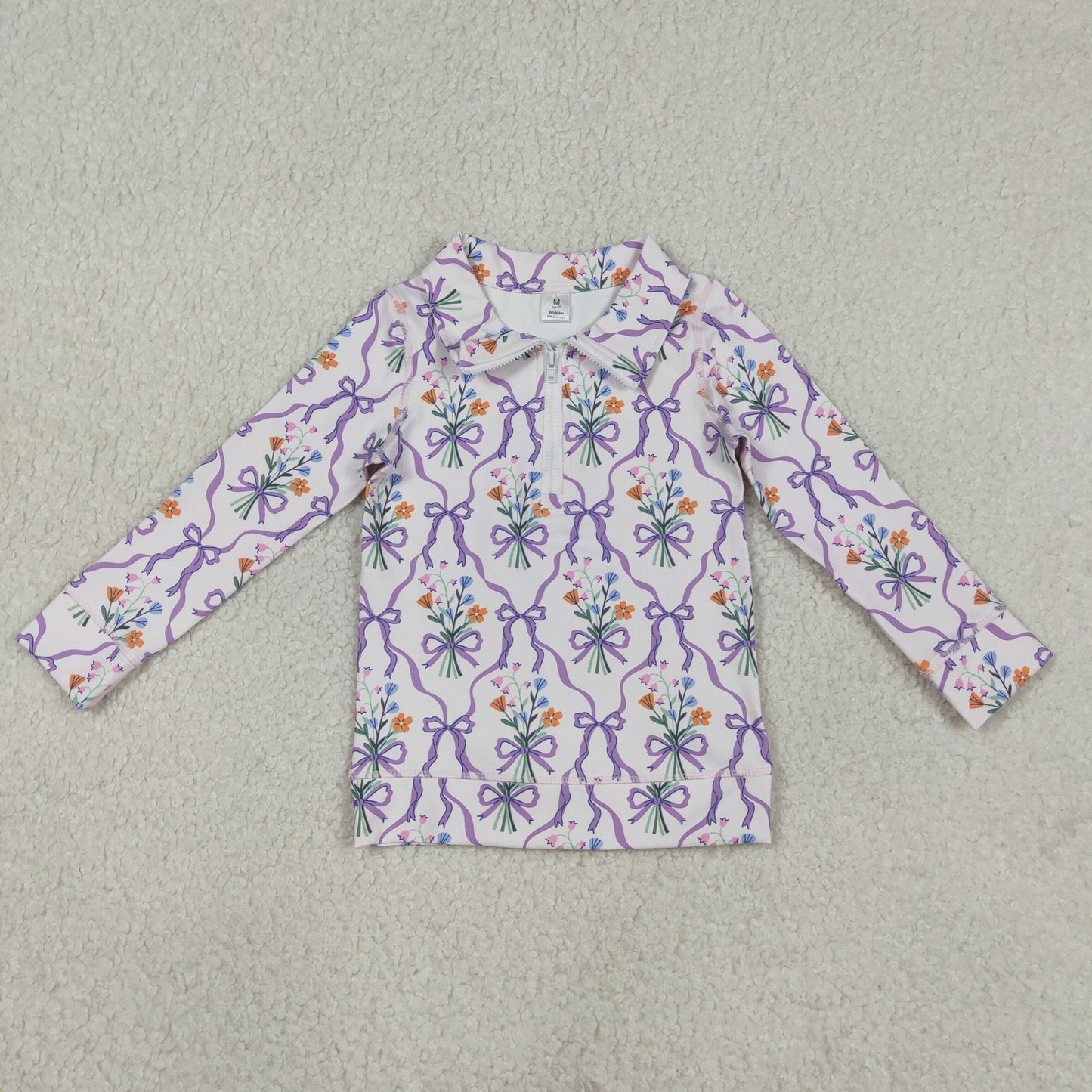 RTS Baby Girls Kids Long Sleeves Bows Floral Yoga Active Zipper Purple Pullover Shirt