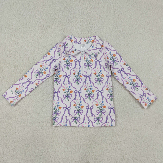 RTS Baby Girls Kids Long Sleeves Bows Floral Yoga Active Zipper Purple Pullover Shirt