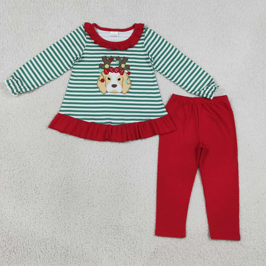 Baby Girls Kids Embroidery Dog Stripes Tunic Red Pants Set Christmas Clothes