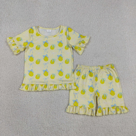 Baby Girls Kids Short Sleeves Lemons Bows Yellow Shirt Shorts Summer Clothes Set
