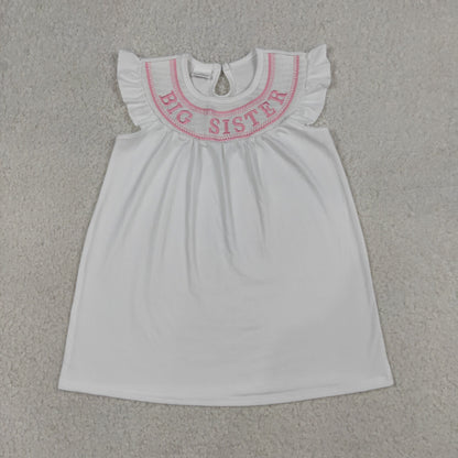 Sibling Baby Girls Short Sleeves Embroidery Smocked Big Sister Knee Length Dresses