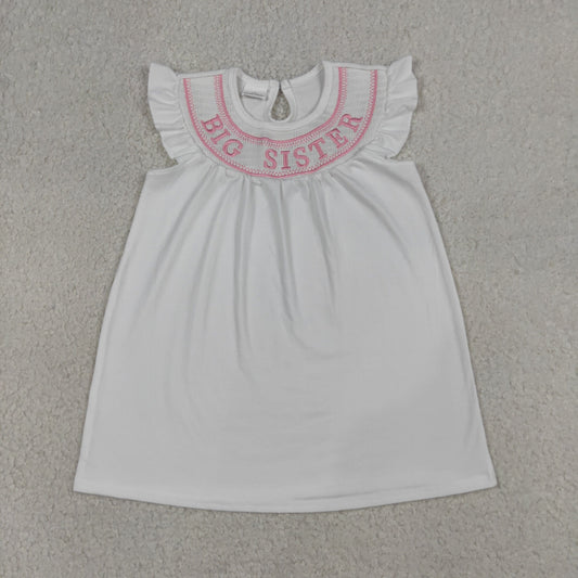Baby Girls Short Sleeves Embroidery Smocked Big Sister Cotton Knee Length Dress
