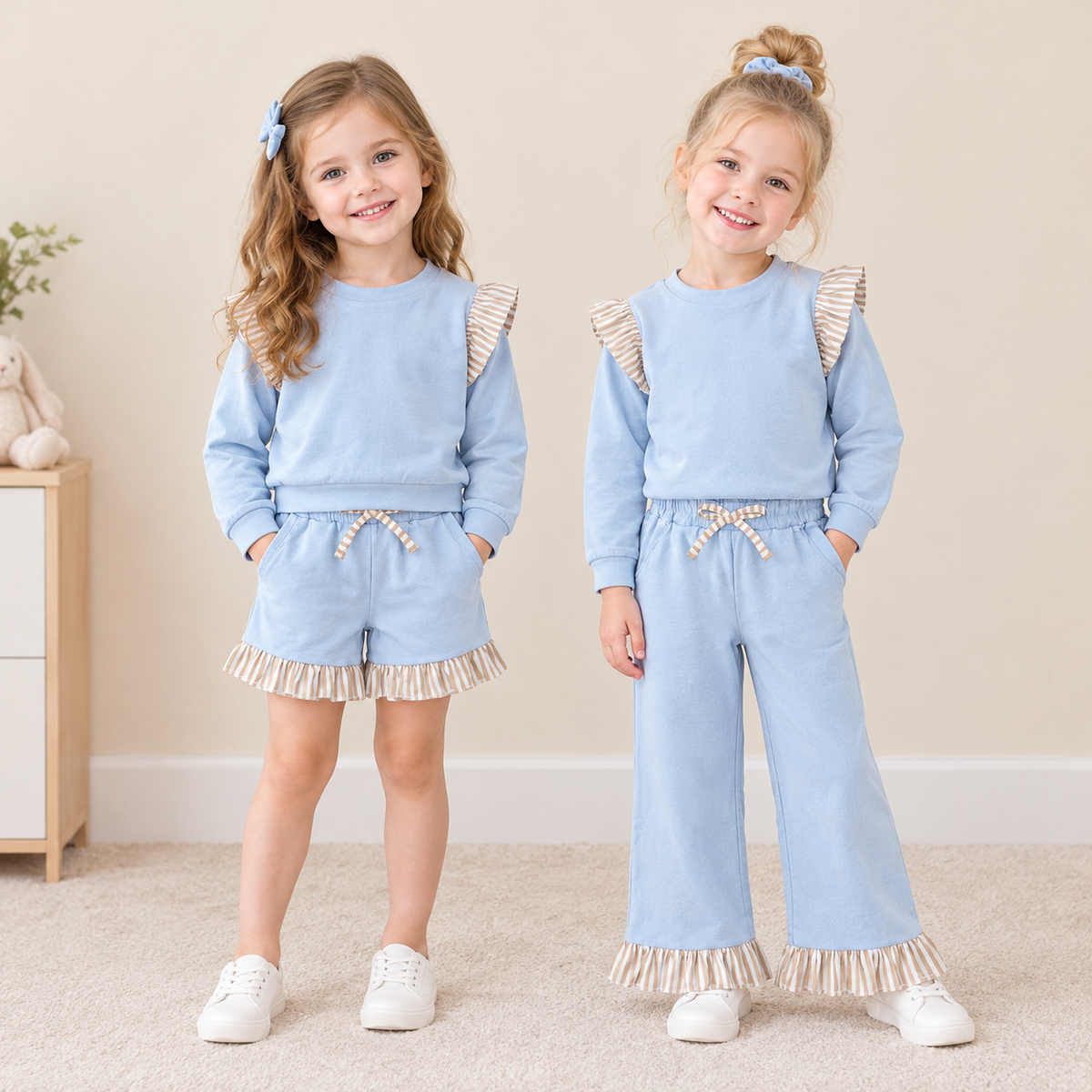 Sibling Baby Girls Kids Long Sleeves Shirts Pockets Shorts Pants Cotton Blue Sets Clothes