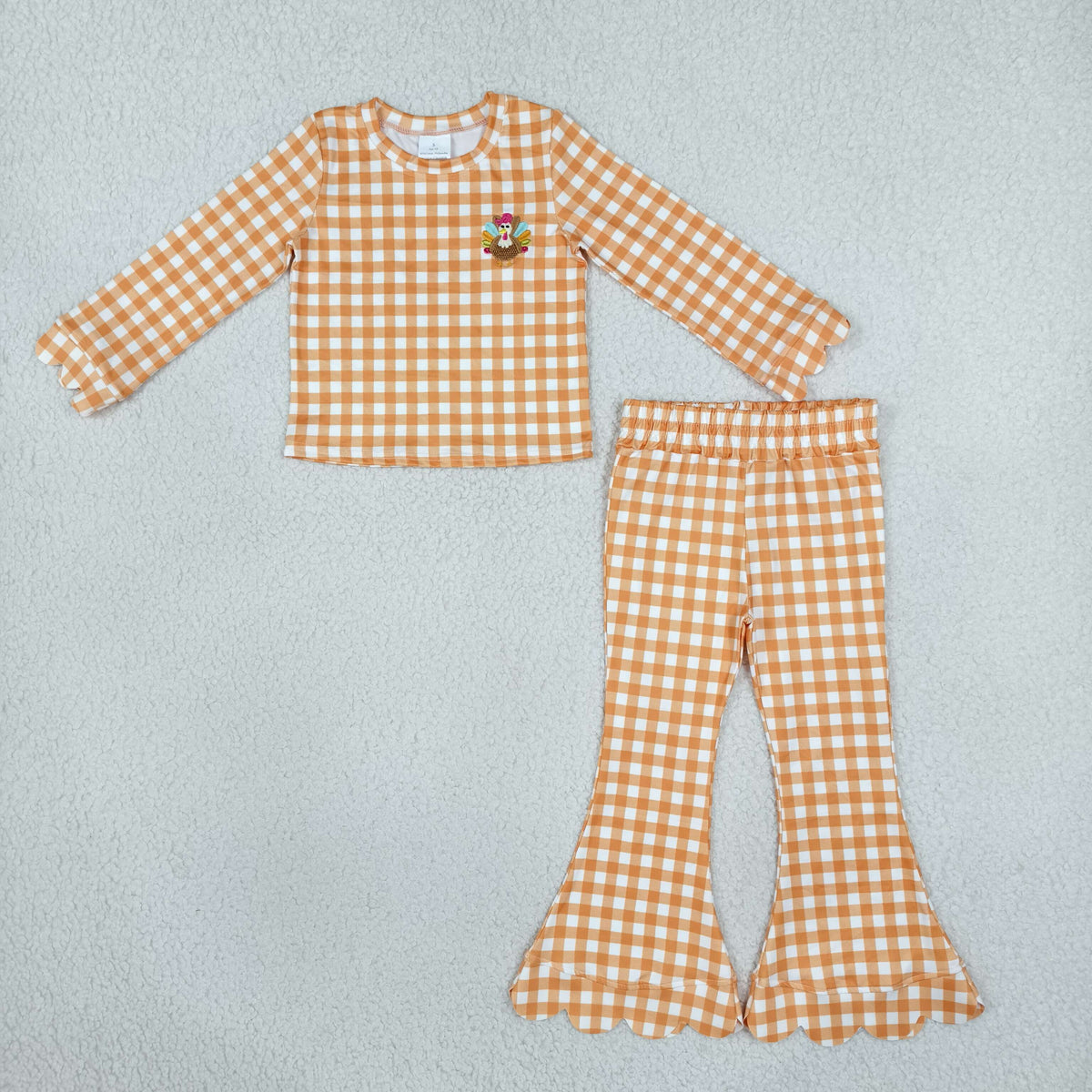 Sibling Baby Girls Kids Embroidery Santa Tree Scallop Tops Plaid Bell Pants Christmas Sets Clothes RTS