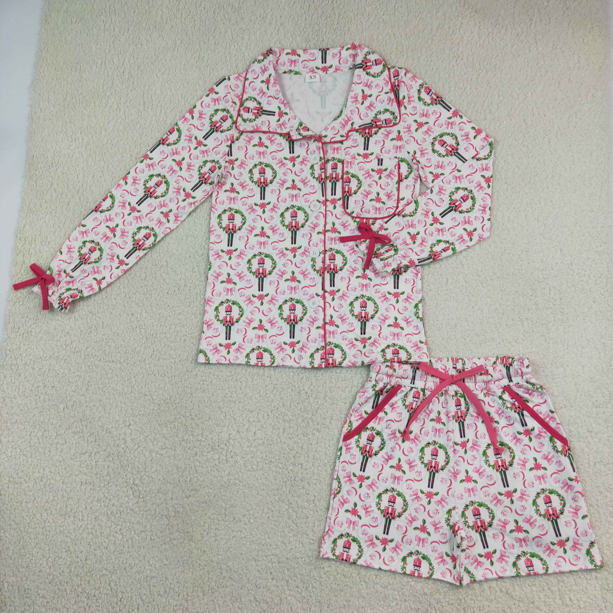 Adult Women Long Sleeves Christmas Soldier Bows Flower Buttons Tops Shorts Pajamas Pink Set