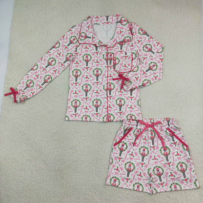 Adult Women Long Sleeves Christmas Soldier Bows Flower Buttons Tops Shorts Pajamas Pink Set