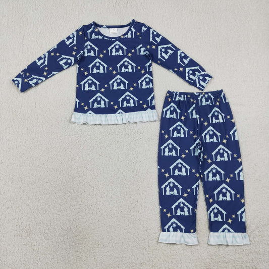 Baby Girls Kids Nativity Blue Ruffle Shirt Pants Set Christmas Pajamas Clothes