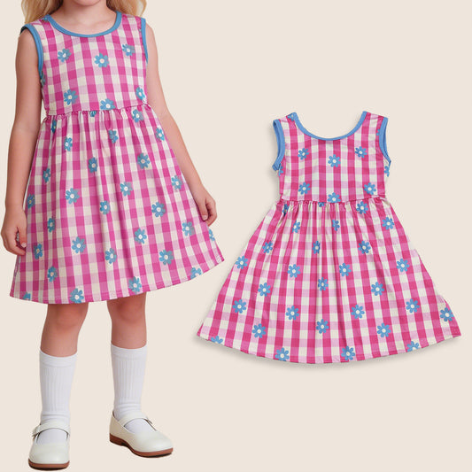 GSD4007 Baby Girls Kids Bows Sleeveless Pink Plaid Flower Knee Length Dress