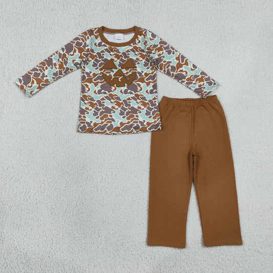 Baby Boy Camo Embroidery Halloween Face Shirt Brown Pants Clothes Set