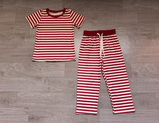 No moq Preorder Baby Girls Kids Short Sleeves Dark Red Stripes Shirt Pants Pajamas Set Clothes