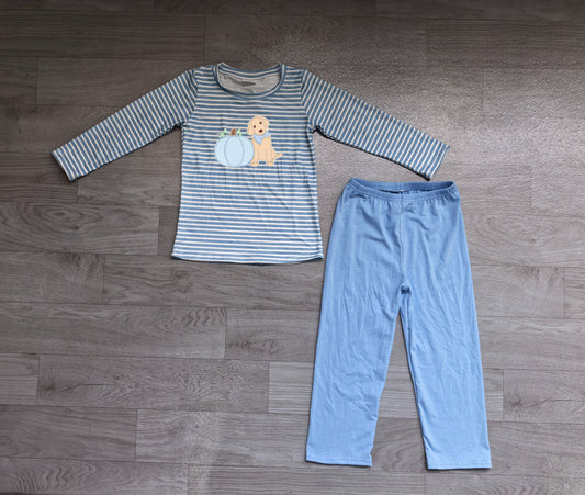 No moq Preorder Baby Boys Kids Embroidery Pumpkin Dog Shirt Blue Pants Set Fall Clothes