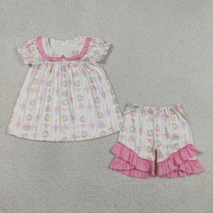 Baby Girls Kids Short Sleeves Flower Bows Tunic Ruffle Shorts Birthday Set Clothes