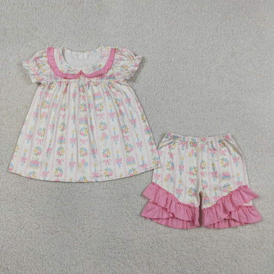 Baby Girls Kids Short Sleeves Flower Bows Tunic Ruffle Shorts Birthday Set Clothes