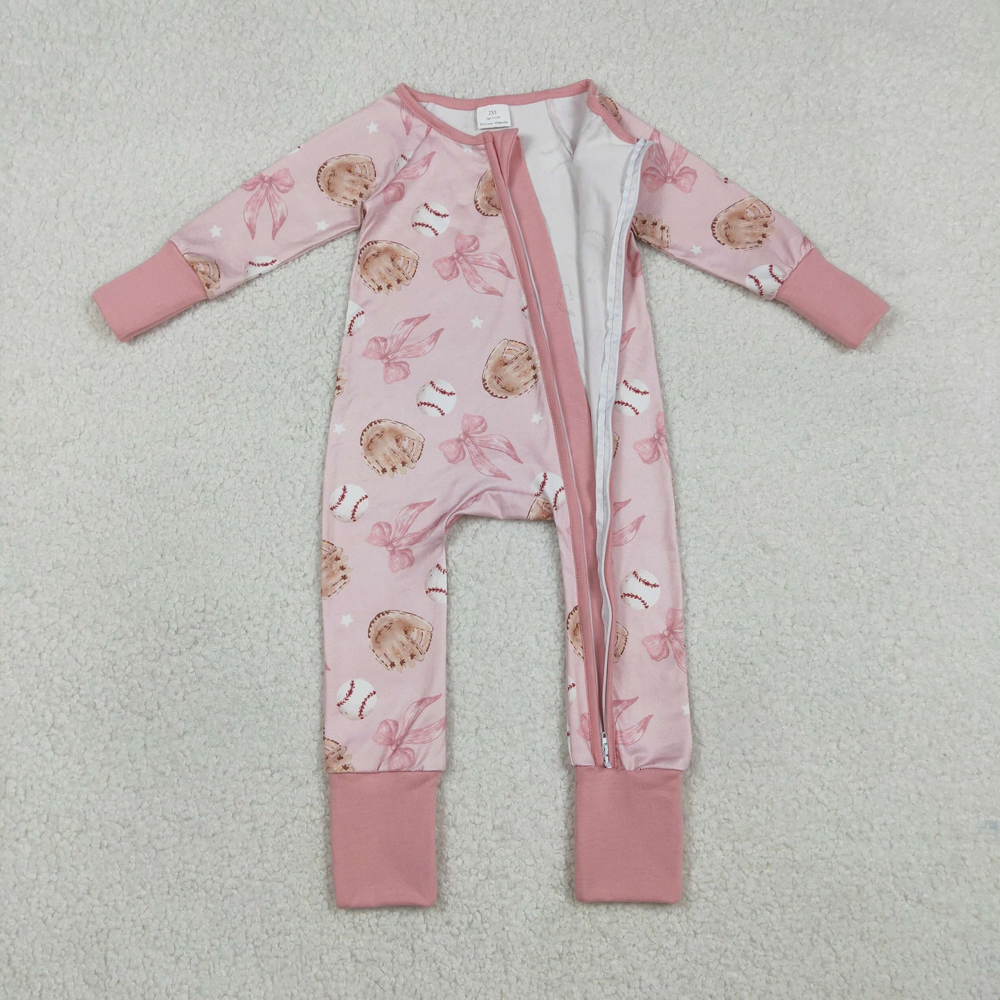 Baby Girls Long Sleeves Baseballs Bows Zipper Sleeper Pink Romper