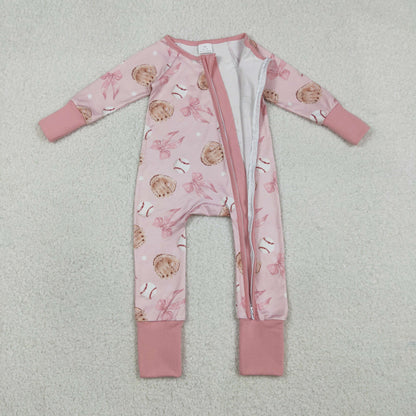 Baby Girls Long Sleeves Baseballs Bows Zipper Sleeper Pink Romper