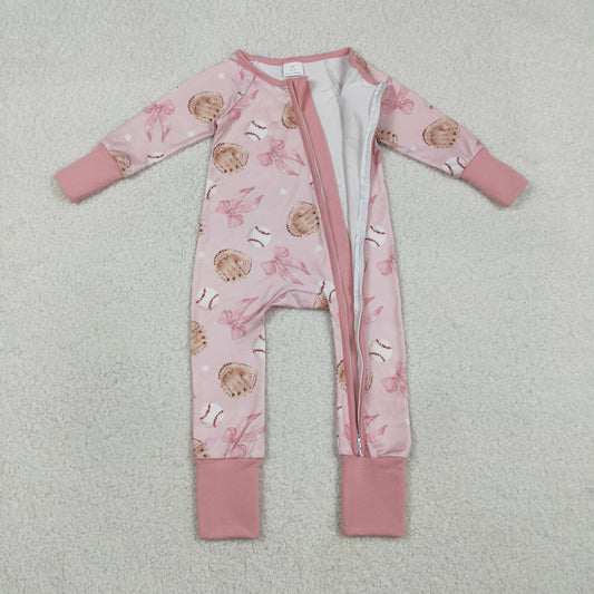 Baby Girls Long Sleeves Baseballs Bows Zipper Sleeper Pink Romper
