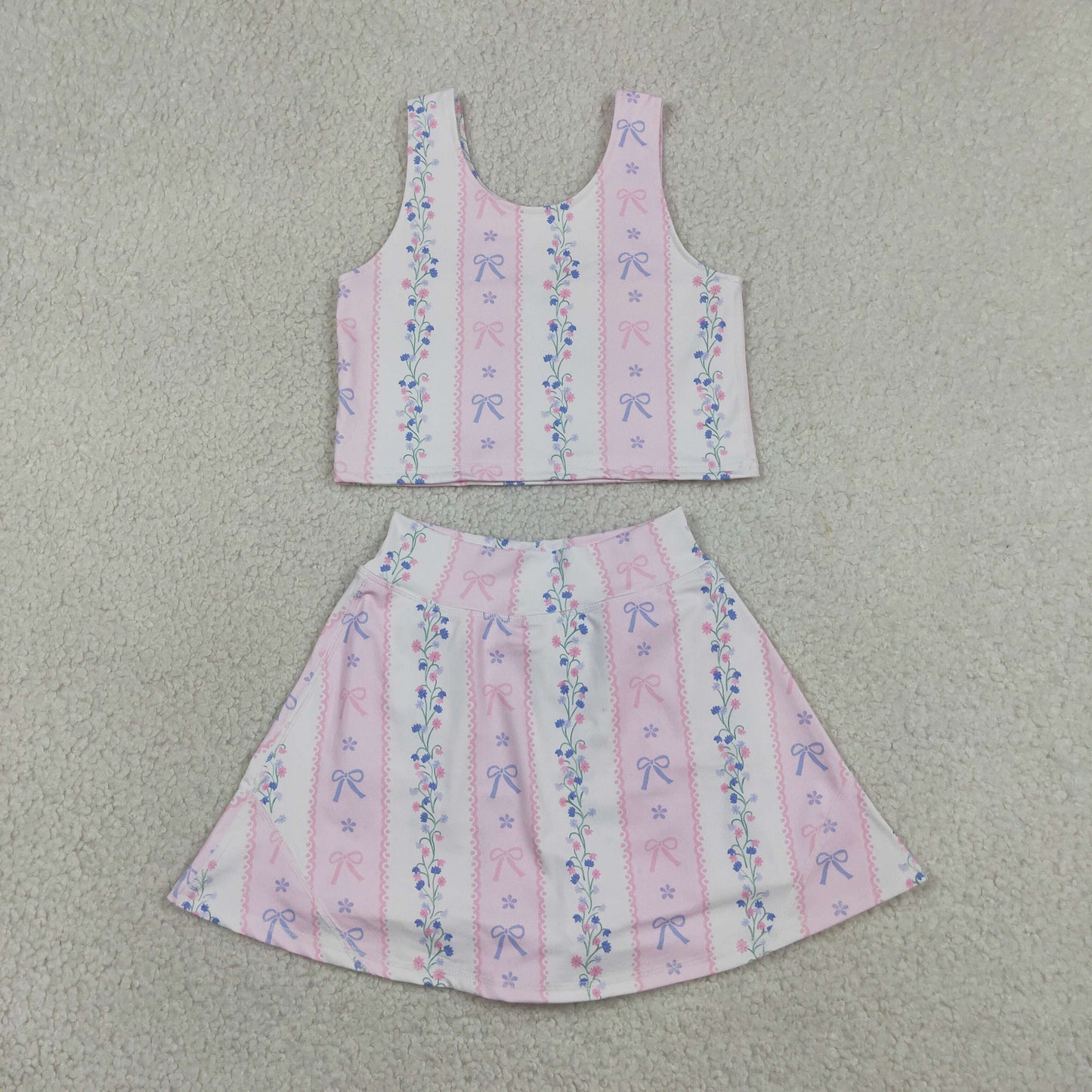 Baby Girl Sleeveless Bows Floral Tops Shorts Skort Yoga Active Wear Set