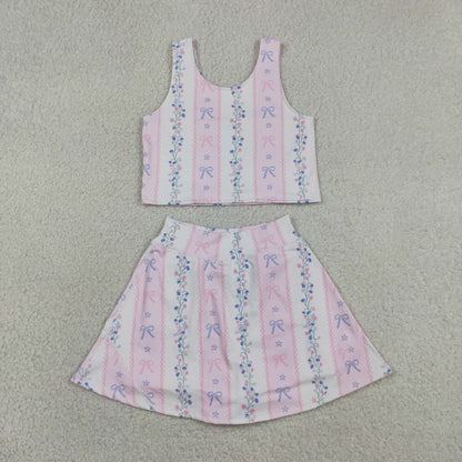 Baby Girl Sleeveless Bows Floral Tops Shorts Skort Yoga Active Wear Set