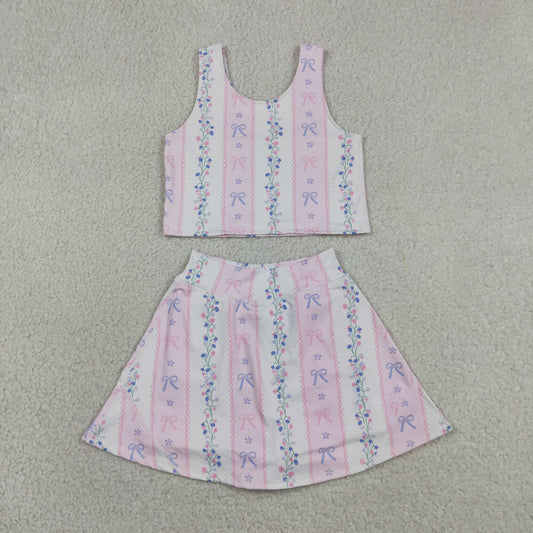 Baby Girl Sleeveless Bows Floral Tops Shorts Skort Yoga Active Wear Set
