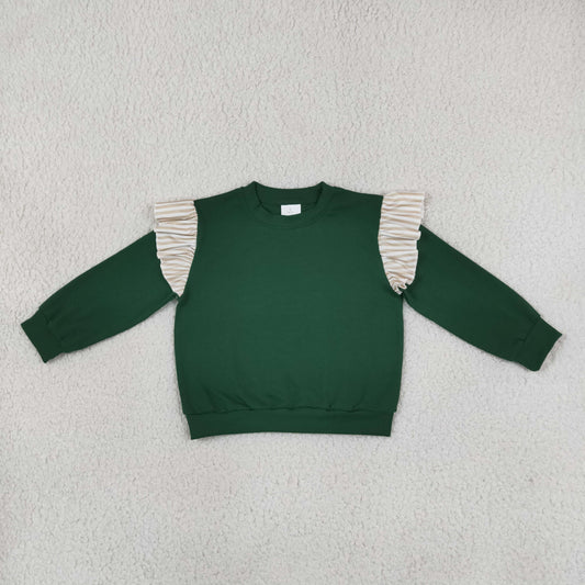 Baby Girls Toddler Stripes Ruffle Long Sleeves Green Shirt Cotton Clothes