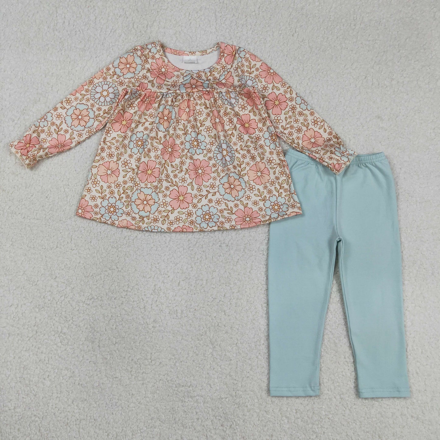 RTS Baby Girls Kids Long Sleeves Flower Tunic Blue Legging Pants Clothes Set