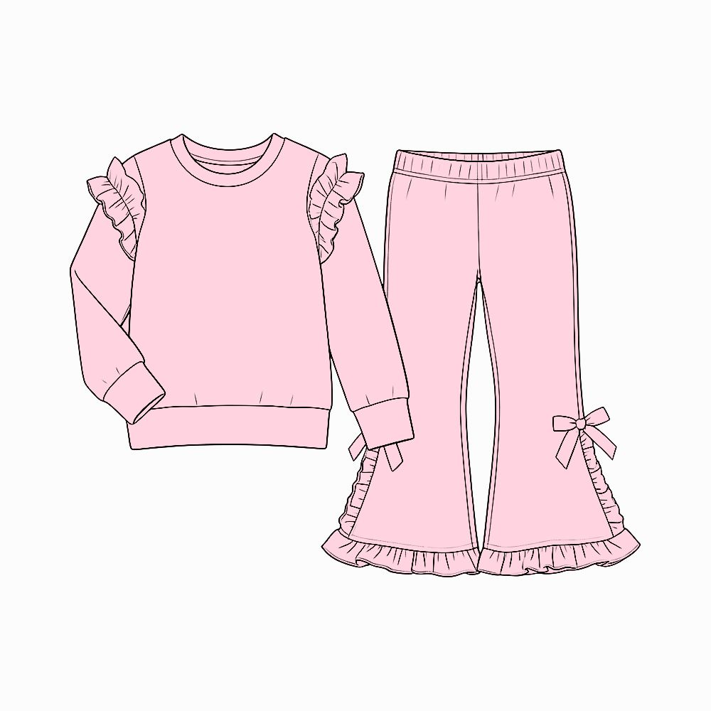 Moq 5 Preorder Baby Girls Kids Long Sleeves Ruffle Shirt Bows Pants Pink Set Cotton Clothes