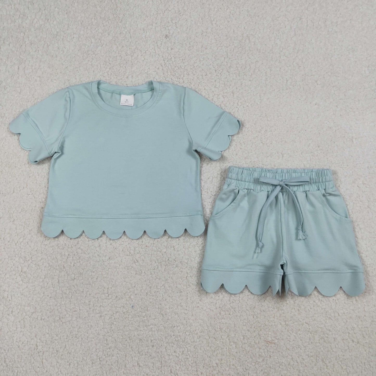 RTS Baby Girls Kids Short Sleeves Blue Shirt Scallop Shorts Girls Summer Clothes Set