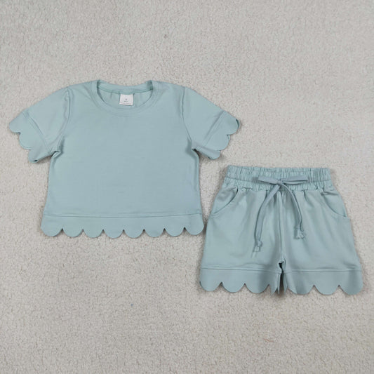 RTS Baby Girls Kids Short Sleeves Blue Shirt Scallop Shorts Girls Summer Clothes Set