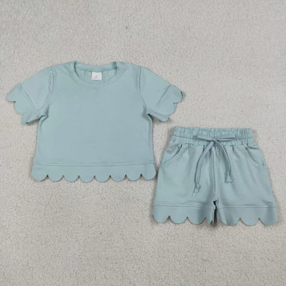 RTS Sibling Baby Girls Adult Women Short Sleeves Blue Cotton Shirts Shorts Scallop Sets Summer Clothes