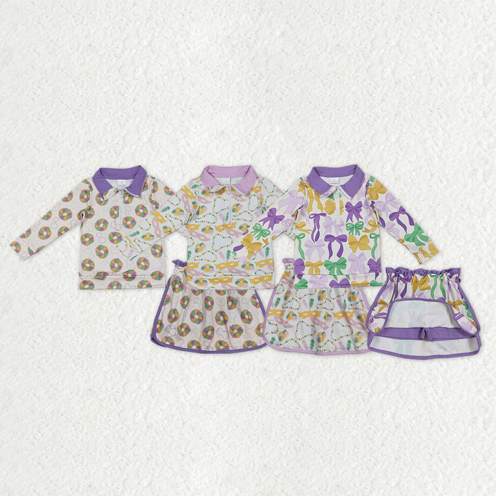 Sibling Baby Girls Kids Bows Donuts Masks Zipper Tops Shorts Skirt Skort Mardi Gras Set
