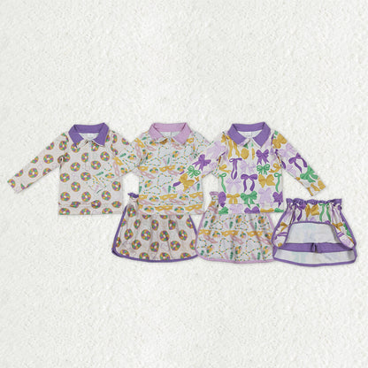 Sibling Baby Girls Kids Bows Donuts Masks Zipper Tops Shorts Skirt Skort Mardi Gras Set
