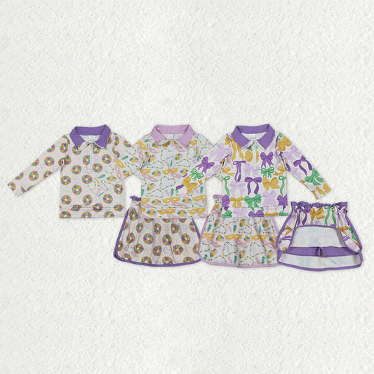 Sibling Baby Girls Kids Bows Donuts Masks Zipper Tops Shorts Skirt Skort Mardi Gras Set