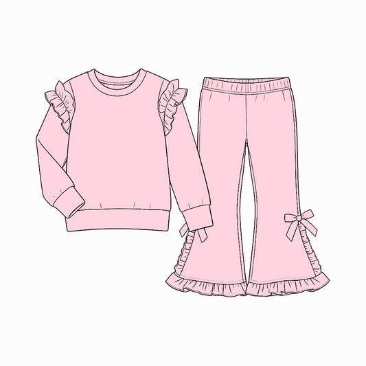 Moq 5 Preorder Baby Girls Kids Long Sleeves Shirt Bows Ruffle Pants Cotton Set Pink Clothes
