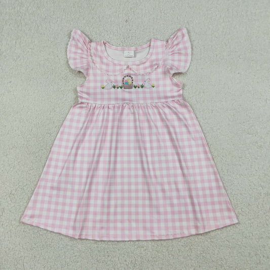 RTS Baby Girls Kids Short Sleeves Embroidery Rabbits Eggs Easter Pink Plaid  Dress