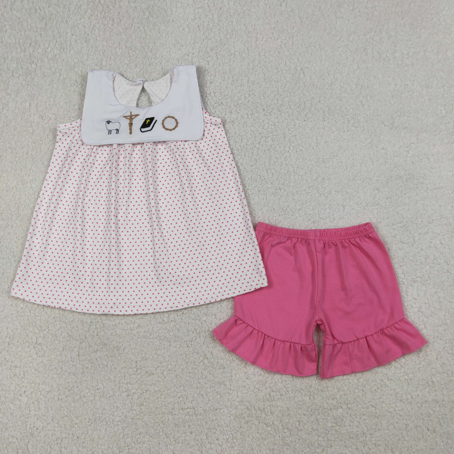 RTS Baby Girls Kids Sleeveless Embroidery Cross Dots Tunic Pink Shorts Easter Set