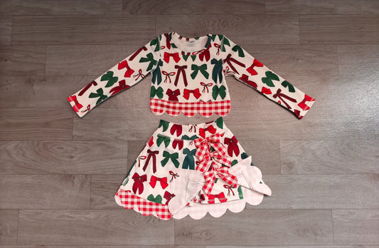 No moq Preorder Baby Girls Kids Christmas Bows Shirt Scallop Skirt Shorts Yoga Active Set Clothes