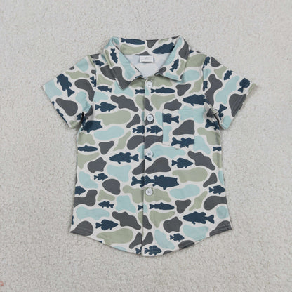 Baby Boys Kids Short Sleeves Buttons Pocket Shirt Tops Fish Camo Clothes