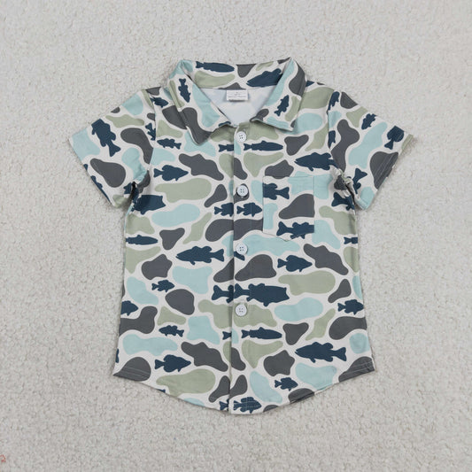 Baby Boys Kids Short Sleeves Buttons Pocket Shirt Tops Fish Camo Clothes