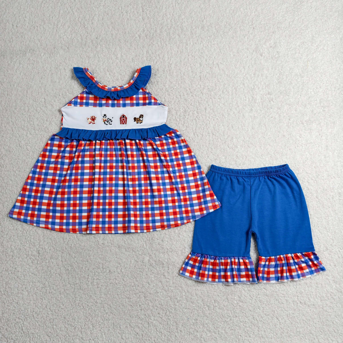 Sibling Baby Girls Embroidery Farm Animals Plaid Tops Shorts Set Romper 4th of July Clothes