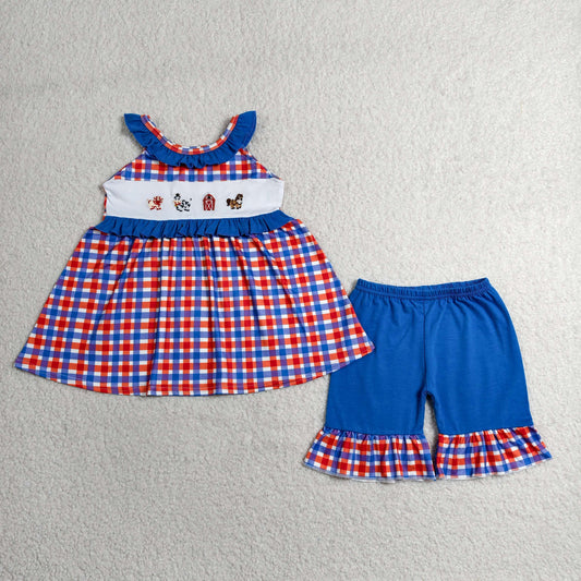 Baby Girls Embroidery Farm Animals Plaid Tops Shorts 4th of July Clothes Set