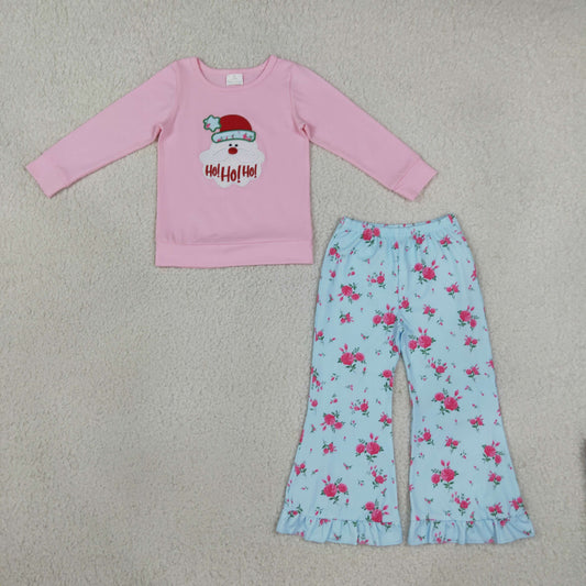 Baby Girls Kids Long Sleeves Embroidery Christmas Santa Tops Flower Pants Set Clothes