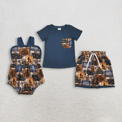 RTS Sibling Baby Boys Kids Pocket Shirt Shorts Deer Camo Romper Set Hunting Clothes