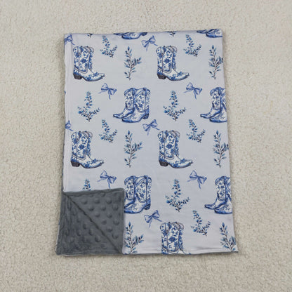 Baby Girls Kids Boots Bows Floral Western Blue Blanket