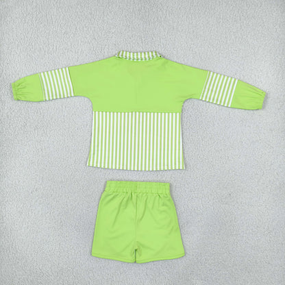 Baby Girls Kids Long Sleeves Green Stripes Zipper Pullover Shorts Yoga Active Set Clothes RTS